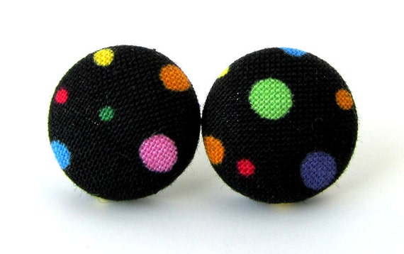 Stud earrings black bright dots circles by KooKooCraft on Etsy
