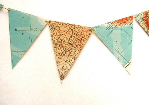 Recycled vintage map bunting or garland. Shabby chic home decor. Bookshelf accent.