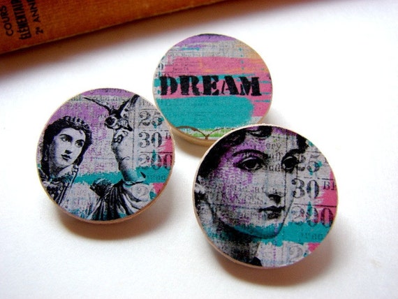 Tiny Pin Brooch Set Inspirational Dream and Bird in by mimiandlucy