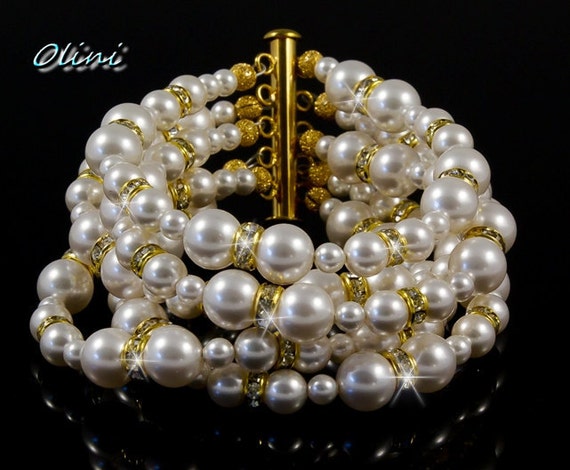 ISABELLA White Swarovski Pearls and Rhinestones bridal bracelet 5 strands in gold by OliniBridalJewelry on Etsy