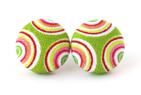 Stud earrings button green yellow pink white bright by KooKooCraft