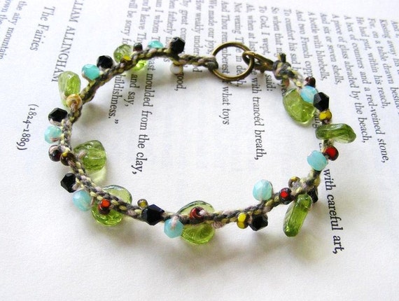 Delicate Beaded Woven Bracelet with Green Glass by meiguidesigns