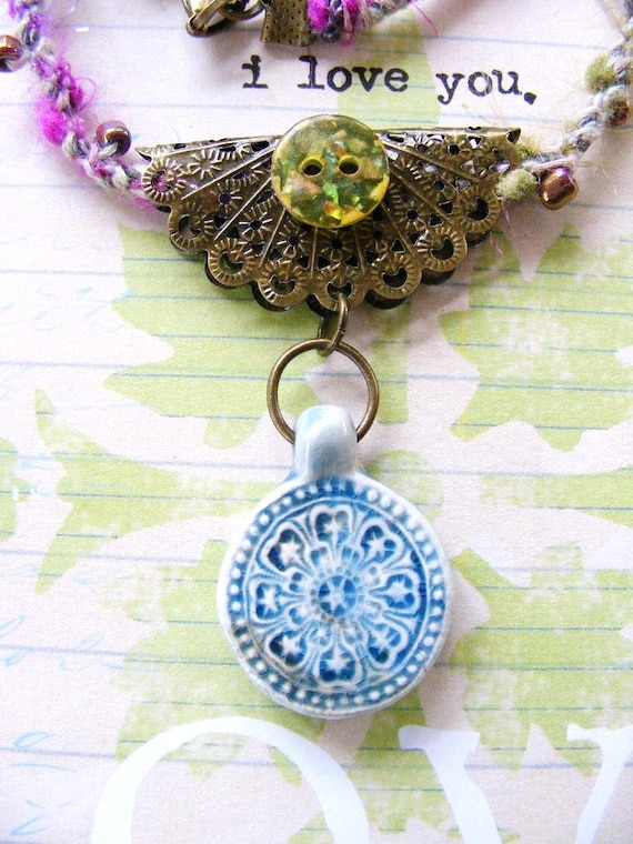 Blue and White Ceramic Flower Coin Pendant with by meiguidesigns