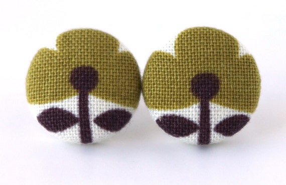 Olive green stud earrings flower white brown by KooKooCraft