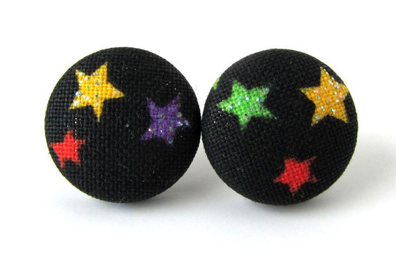 Stud earrings glitters stars black yellow green by KooKooCraft