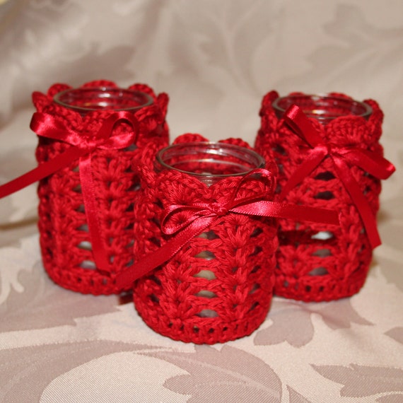 Three Valentine's Day Recycled jars red Crochet von faustapink900