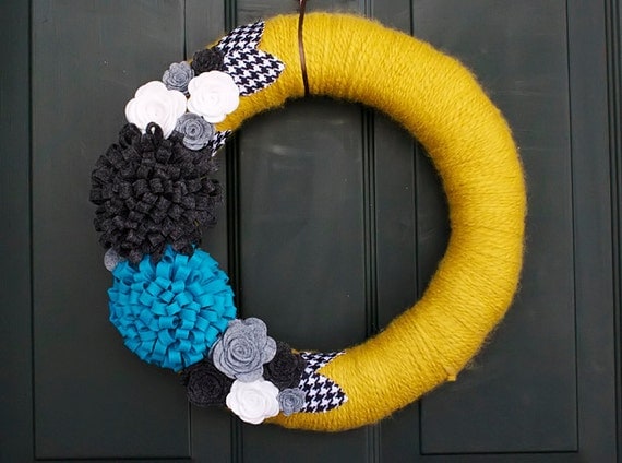 Yarn Wreath: Yellow, Grey, White and Teal Felt Fabric Flowers with Houndstooth Leaves, 14"