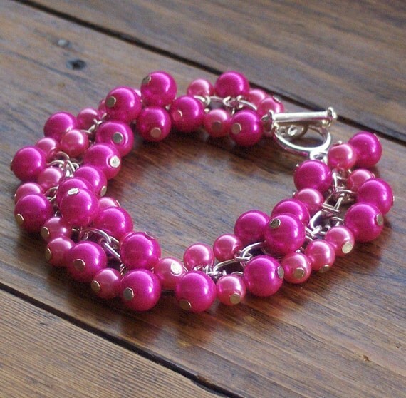Bright Pink Glass Pearl Bracelet by beadingshaz on Etsy