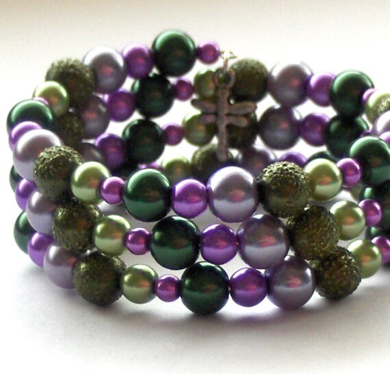 Green and Purple Glass Pearl Memory Wire Bangle by beadingshaz