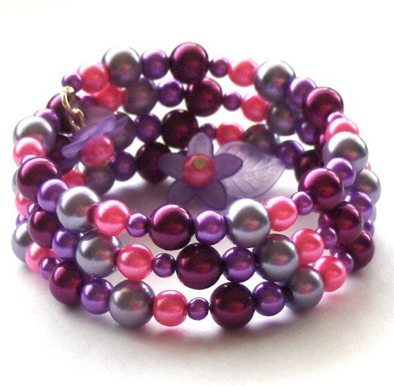 Magenta Pink and Purple Glass Pearl Memory Wire by beadingshaz