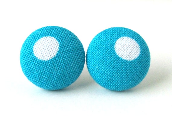 Blue button earrings studs white dot turquoise teal von KooKooCraft
