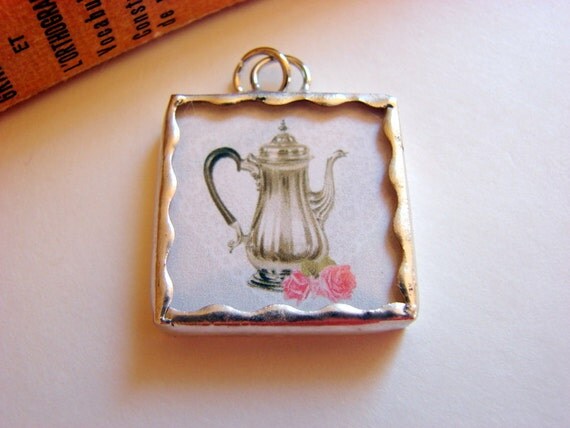 Tiny Soldered Glass Art Charm Pendant Silver Teapot von mimiandlucy