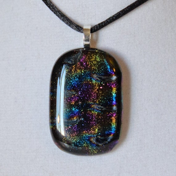 Fused glass necklace pendant black necklace rainbow von eyeseesage