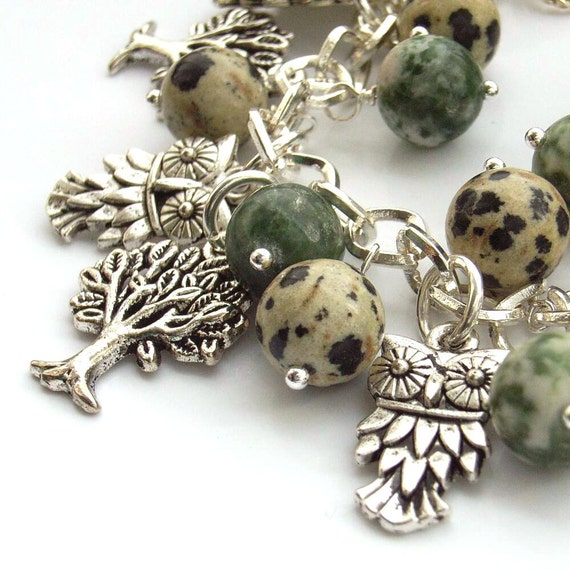 Charm bracelet owl trees gemstones von BlueForestJewellery auf Etsy