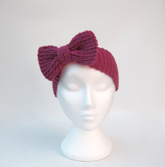 Huge pink bow headband turban knitted chunky ear warmers von jarg0n