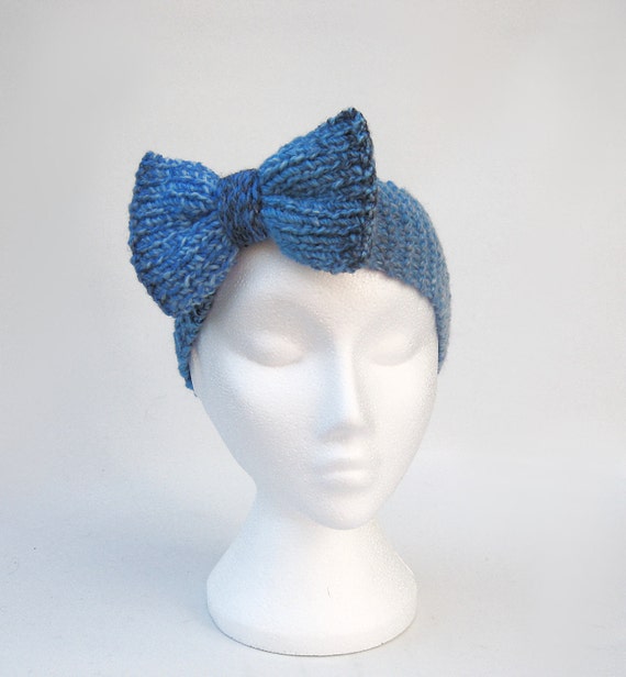 Denim blue bow headband knitted ear warmers head wrap von jarg0n