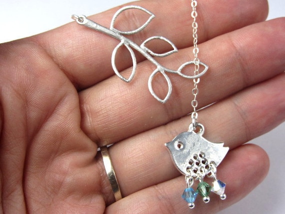 Branch and Bird Lariat Necklace, Mothers Necklace, Sterling Silver