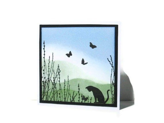 Blank Card Watchful Cat Green Blue von CShellCards auf Etsy