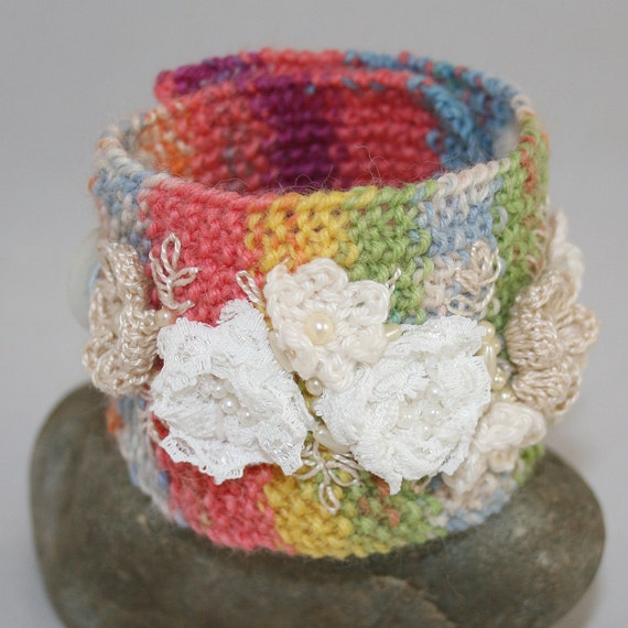 Embroidered and Knitted Cuff  Ivory and Pearl von Lynwoodcrafts