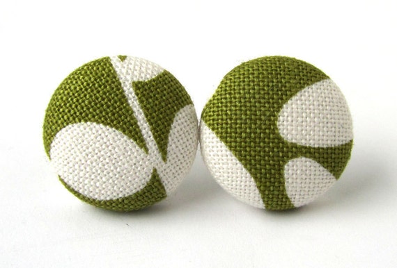 Button earrings studs dark olive green white studs by KooKooCraft